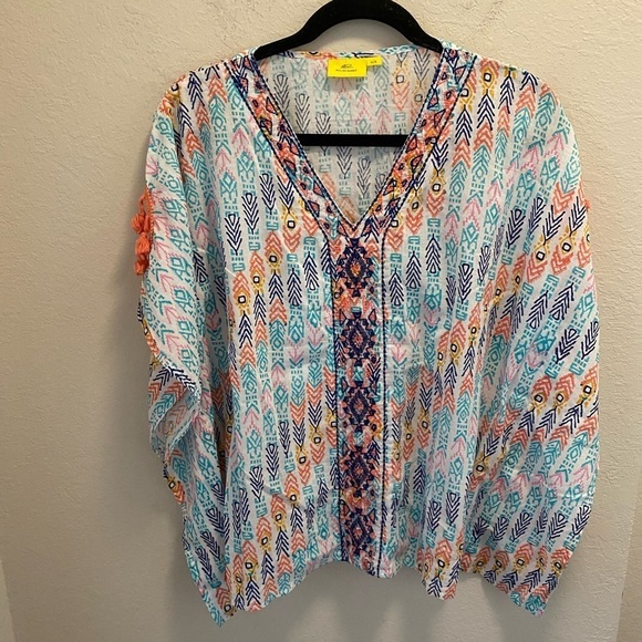 Roller Rabbit Embroidered Multicolor V-Neck Caftan With Tassel Design. One Size - Picture 1 of 7